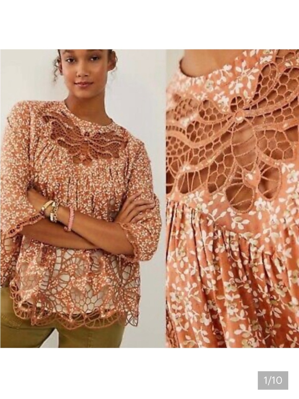 Anthropologie (M) Blue Tassel Floral Crochet-Detail Peasant Blouse